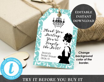 Breakfast at Tiffany's Party Favor Thank You Tags EDITABLE Audrey Hepburn Digital Printable Baby Bridal Shower Bachelorette Birthday PCBTPS