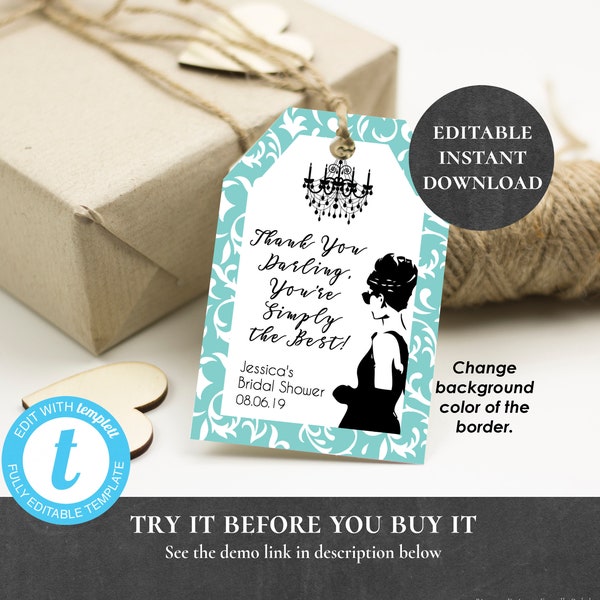 Breakfast at Tiffany's Party Favor Thank You Tags EDITABLE Audrey Hepburn Digital Printable Baby Bridal Shower Bachelorette Birthday PCBTPS