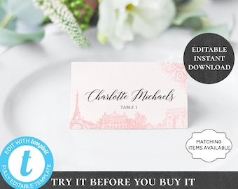 Paris Place Card EDITABLE PRINTABLE Dinner Food Label Pink Eiffel Rose Placecard Table Seat Brunch Breakfast Lunch Buffet Shower PCPFIS