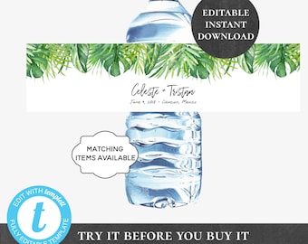 Personalized Water Bottle Label Editable Printable Tropical Wedding Destination Welcome Basket Waterbottle Sticker DIY Palm Greenery PCTGWS