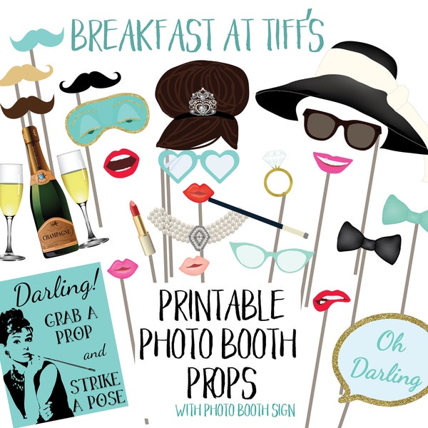 Breakfast at Tiffany's Photo Booth Props Audrey Hepburn Bridal Shower Bachelorette Engagement Party Printable Photobooth Sign Wedding PCBTPS