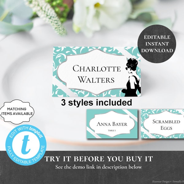 Breakfast at Tiffany's Food Labels Place Cards PRINTABLE EDITABLE Bridal Shower Baby Engagement Birthday Party Brunch Placecards PCBTPS