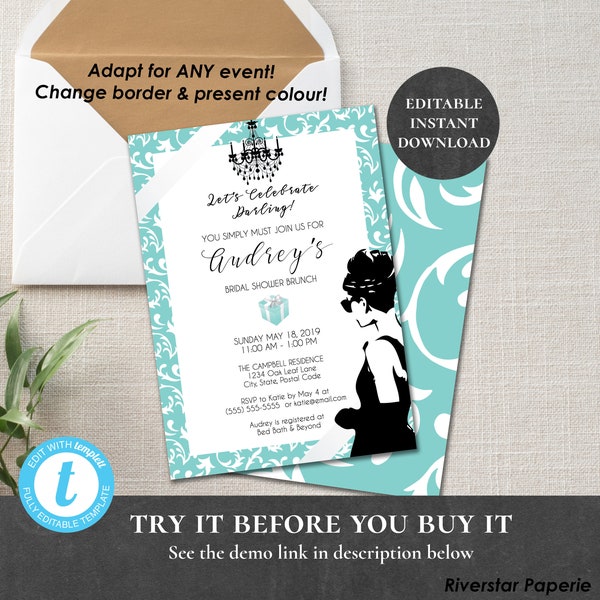 Breakfast at Tiffany's Invitation Printable Editable Bridal Shower Baby Shower Engagement Birthday Party Bachelorette Audrey Hepburn PCBTPS