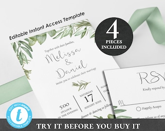 Wedding Invitation Suite Template Olive Branch Rosemary Eucalyptus Editable Printable DIY Rustic Bohemian Details RSVP Tag Sticker PCROEWS