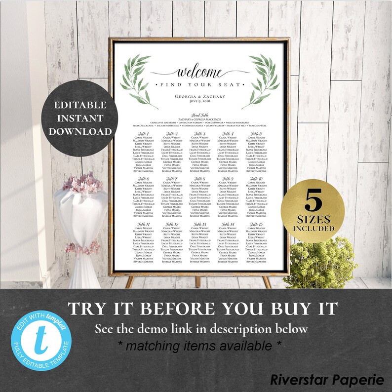 Table Seating Chart Poster Sign Editable Printable Wedding Etsy