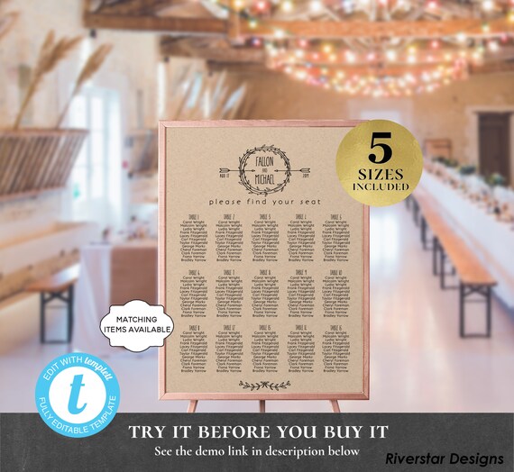 table seating chart rustic wreath country kraft editable printable wedding reception shower party birthday anniversary poster board pcrwws wedding reception table seating chart