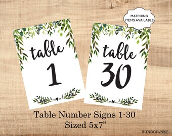 Table Number Signs Printable 5x7 Wedding Table Marker 1-50 Banquet Party Dinner Luncheon Benefit Table Identifier Garden Boho Leaves PCGLWS