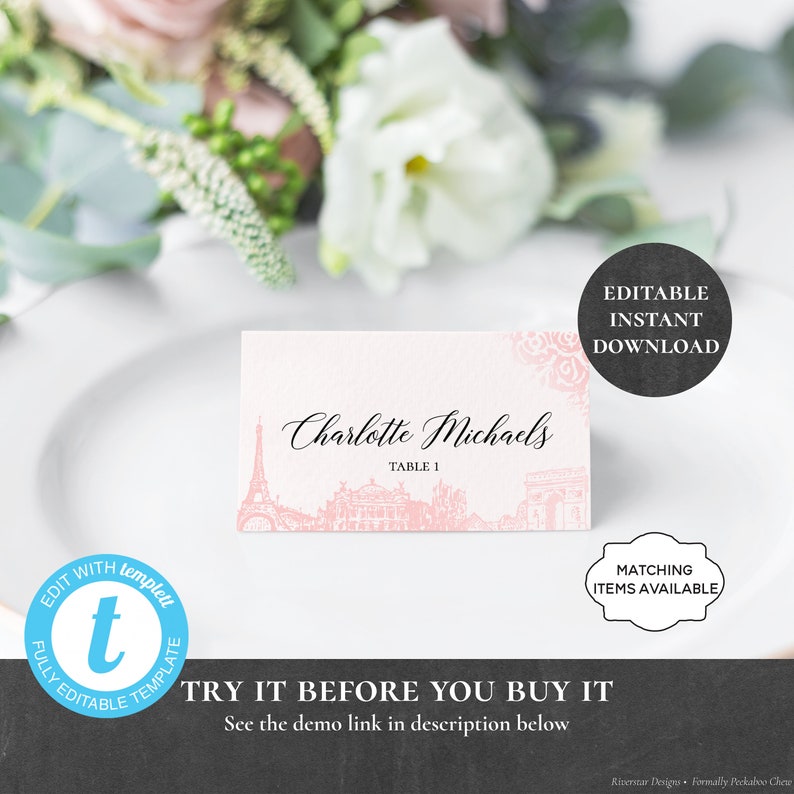 Paris Place Card EDITABLE PRINTABLE Dinner Food Label Pink Eiffel Rose Placecard Table Seat Brunch Breakfast Lunch Buffet Shower PCPFIS
