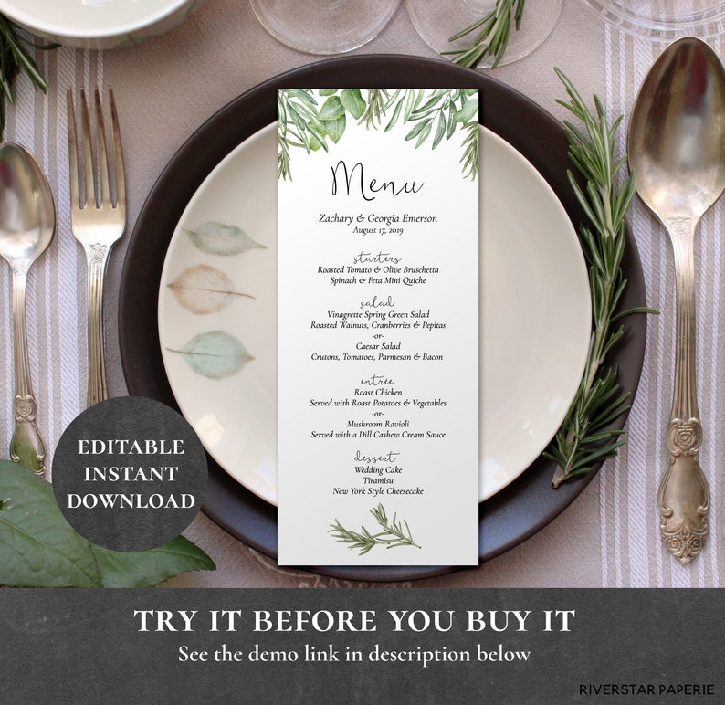 Wedding Dinner Menu Supper Luncheon Food List Cuisine Card Etsy