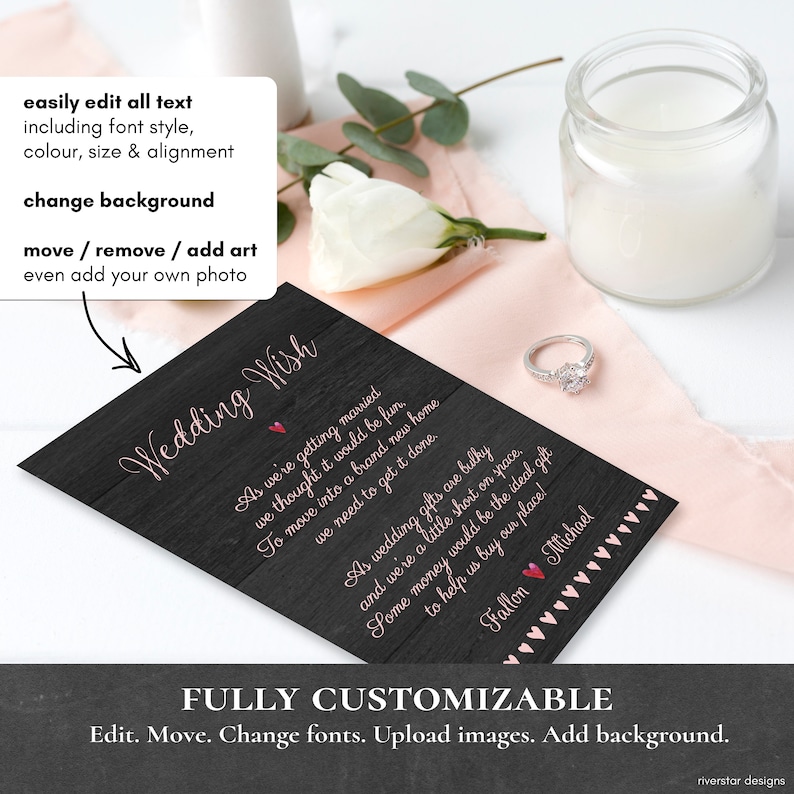 Wedding Wish Honeymoon Wish Poem Template Wedding Money Gift Poem Request Invitation Insert Editable Printable DIY Minimalist Hearts PCWDWS image 3