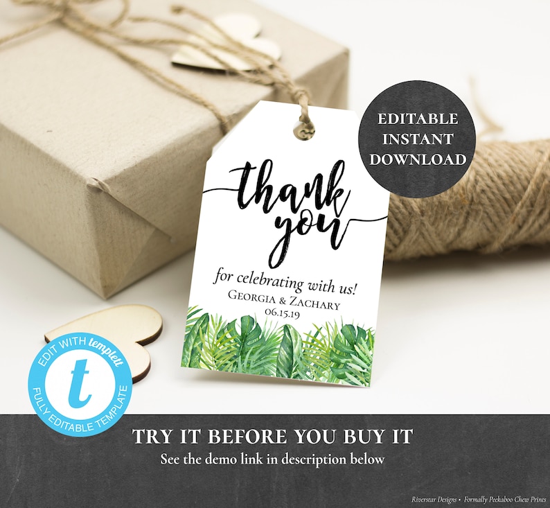 Thank You Tags Editable Printable Tropical Greenery Wedding | Etsy