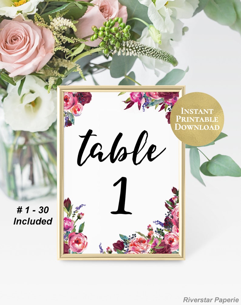 Table Number Signs Printable 5x7 Wedding Table Marker 1-30 | Etsy