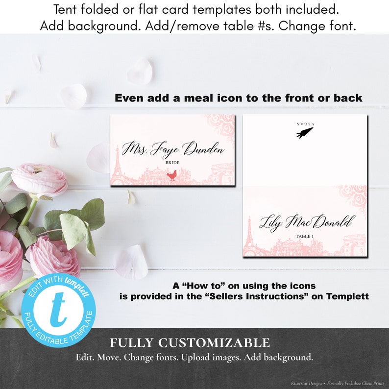 Paris Place Card EDITABLE PRINTABLE Dinner Food Label Pink Eiffel Rose Placecard Table Seat Brunch Breakfast Lunch Buffet Shower PCPFIS