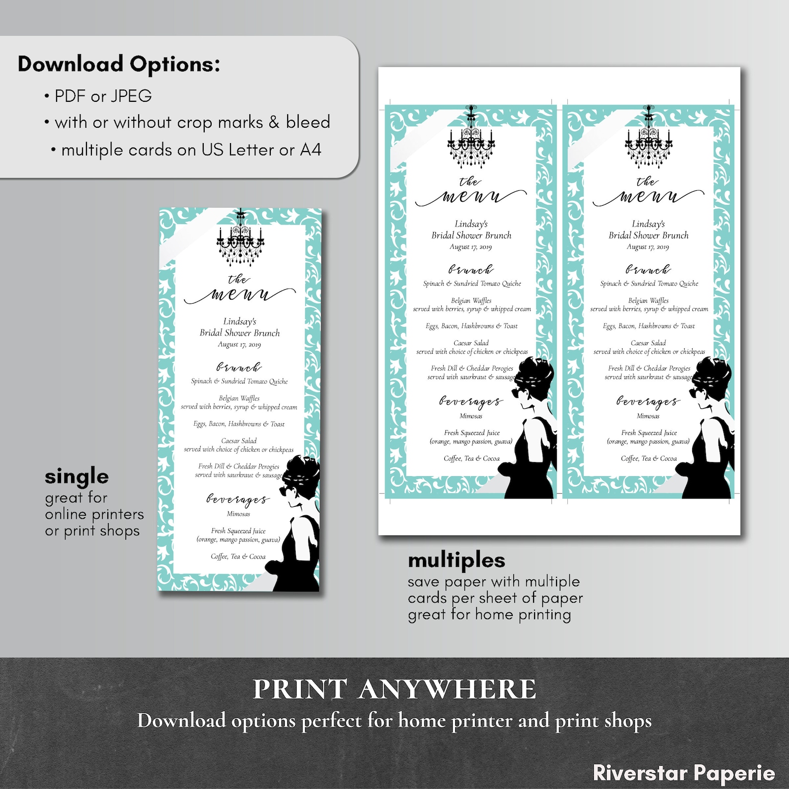 Breakfast at Tiffany's BRUNCH MENU Printable Editable Bridal Shower