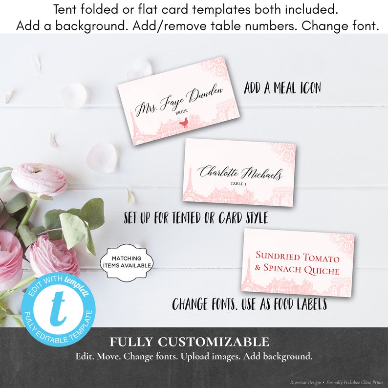 Paris Place Card EDITABLE PRINTABLE Dinner Food Label Pink Eiffel Rose Placecard Table Seat Brunch Breakfast Lunch Buffet Shower PCPFIS