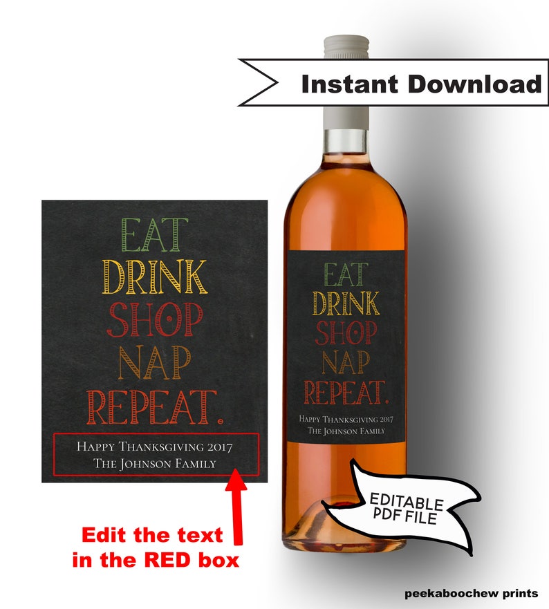 Printable Thanksgiving Wine Label Editable Eat Drink Shop Nap Repeat Funny Friendsgiving Dinner Personalized Wine Bottle Tag Colorful Fall