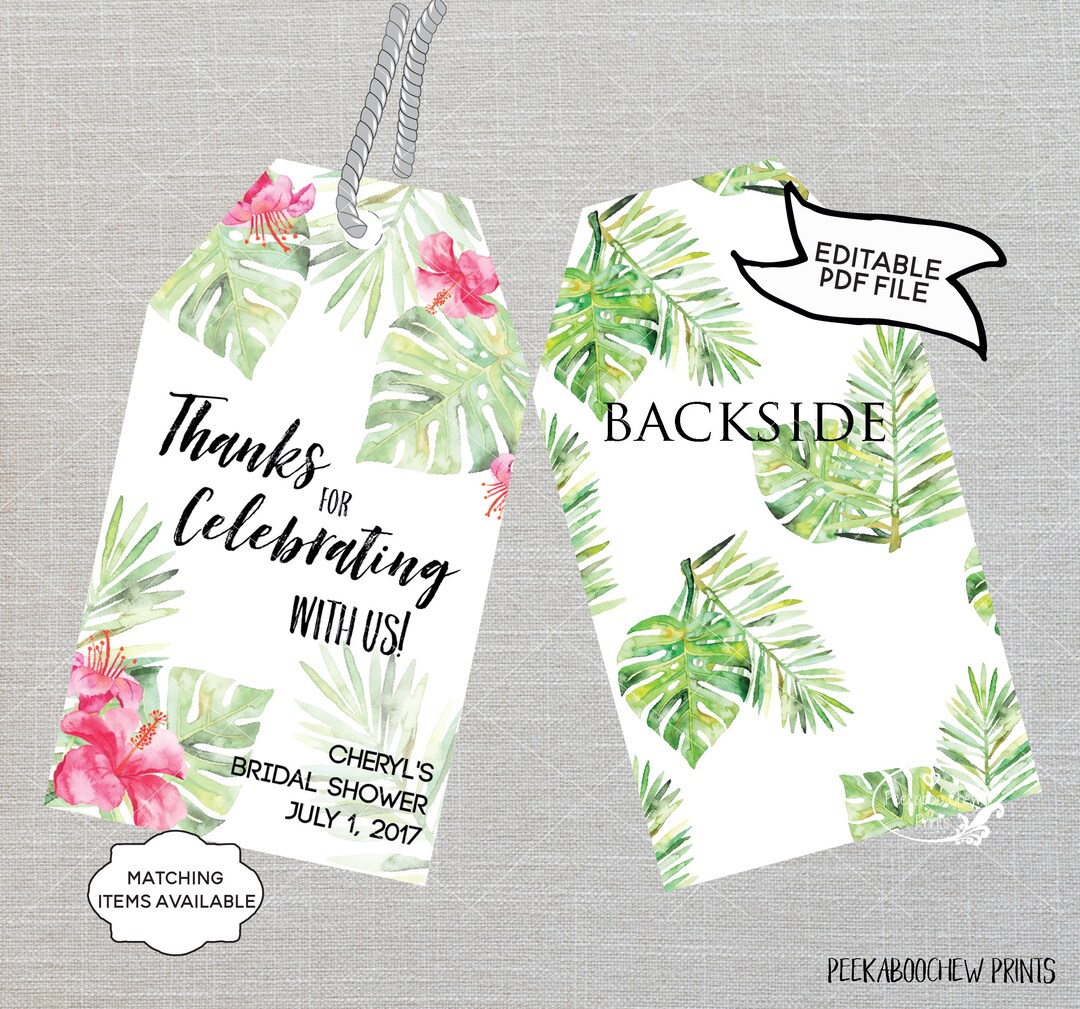 Tropical Party Favor Thank You Tags EDITABLE Palm Hibiscus Pink ...
