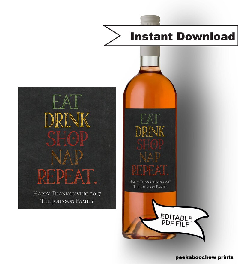 Printable Thanksgiving Wine Label Editable Eat Drink Shop Nap Repeat Funny Friendsgiving Dinner Personalized Wine Bottle Tag Colorful Fall