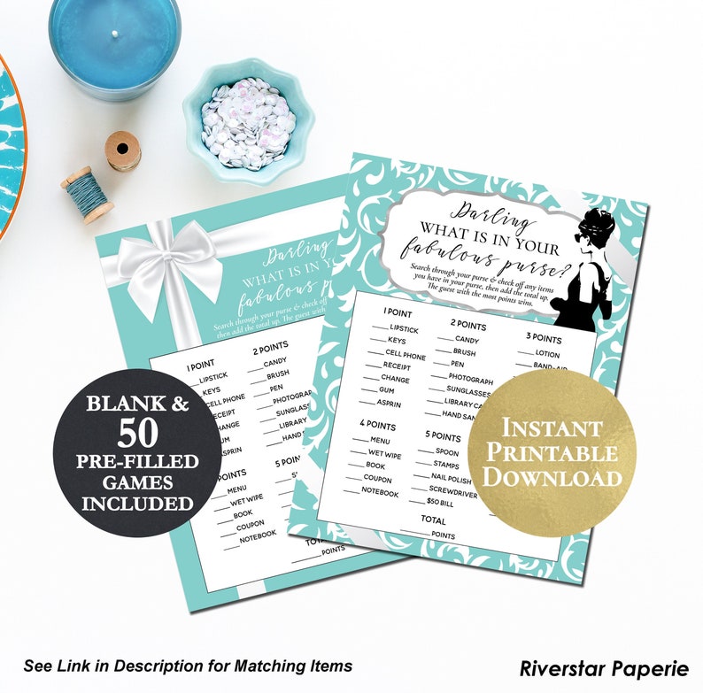 Braut shower What Is In Your Purse Braut & Co Instant Printable Download Frühstück bei Tiffany es Bride Brunch Audrey Ribbon Bow Blue PCBTPS Bild 1