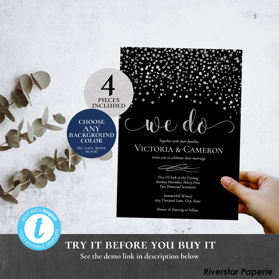 Silver Black Wedding Invitation Suite EDITABLE PRINTABLE Details Invite