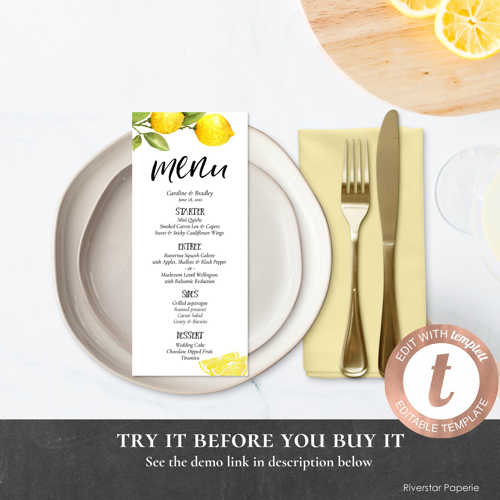 Lemon Menu EDITABLE PRINTABLE Wedding Dinner Food List Yellow Etsy