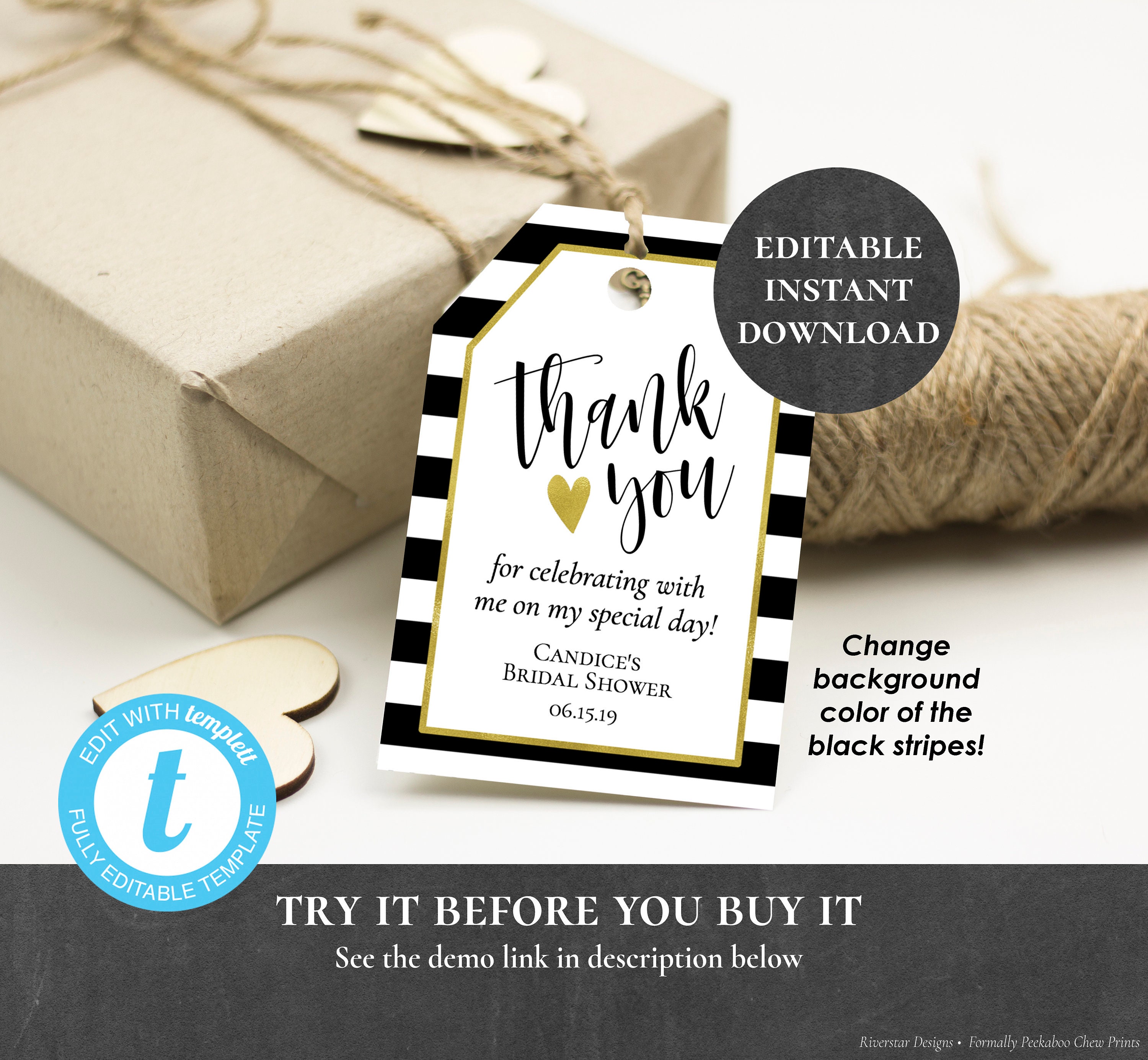 Thank You Tags Editable Printable Black White Gold Stripes | Etsy