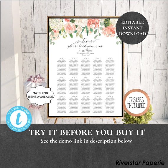 Table Seating Chart Poster Sign Editable Printable Wedding Etsy