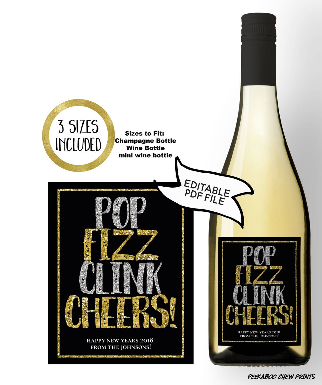 Pop Fizz Clink Cheers EDITABLE PRINTABLE Wine Label Champagne - Etsy