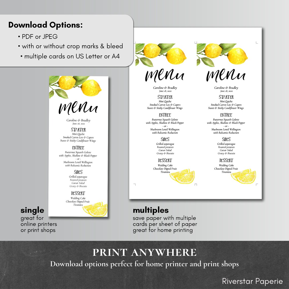 Lemon Menu EDITABLE PRINTABLE Wedding Dinner Food List Yellow Etsy