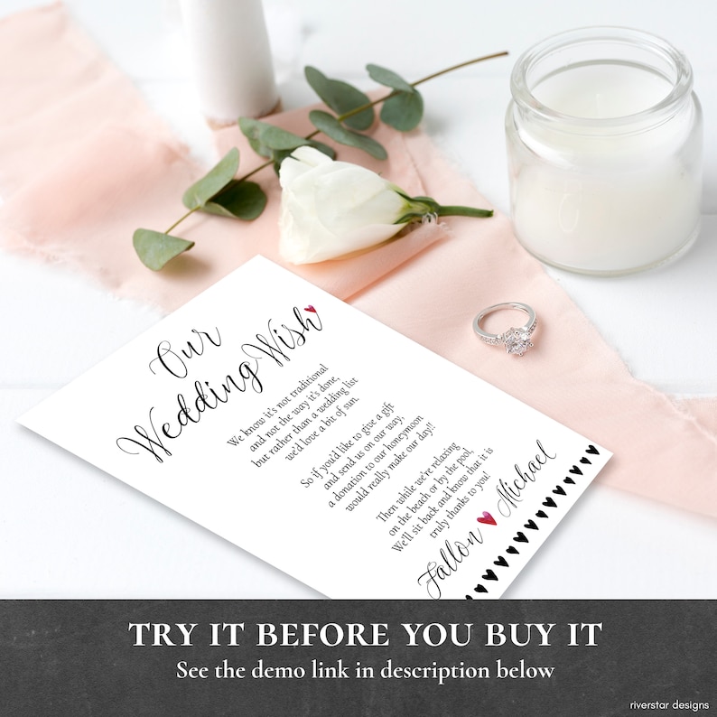 Wedding Wish Honeymoon Wish Poem Template Wedding Money Gift Poem Request Invitation Insert Editable Printable DIY Minimalist Hearts PCWDWS image 1