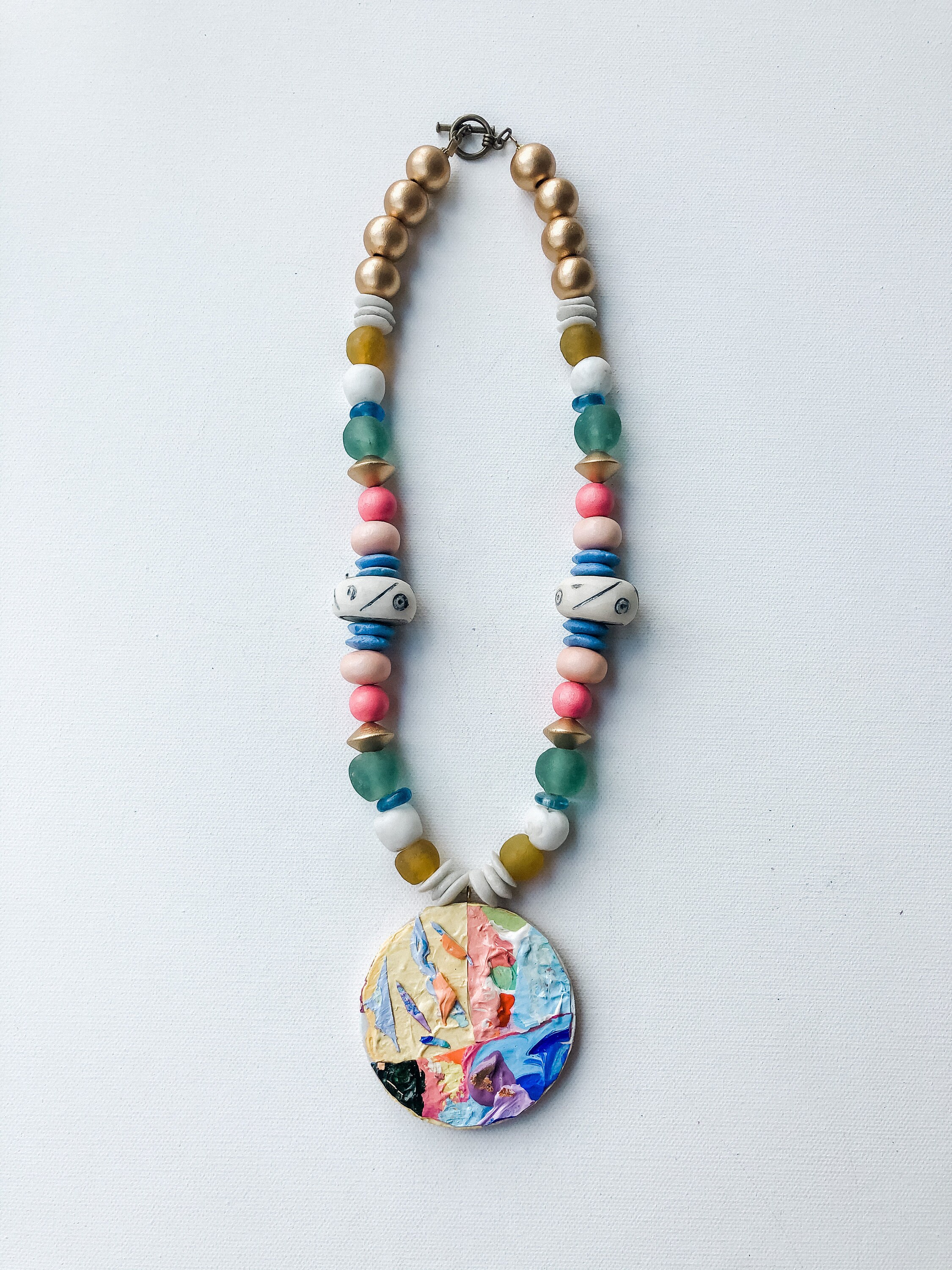 Hand painted Necklace art abstract Handmade wood Beaded Gold Etsy