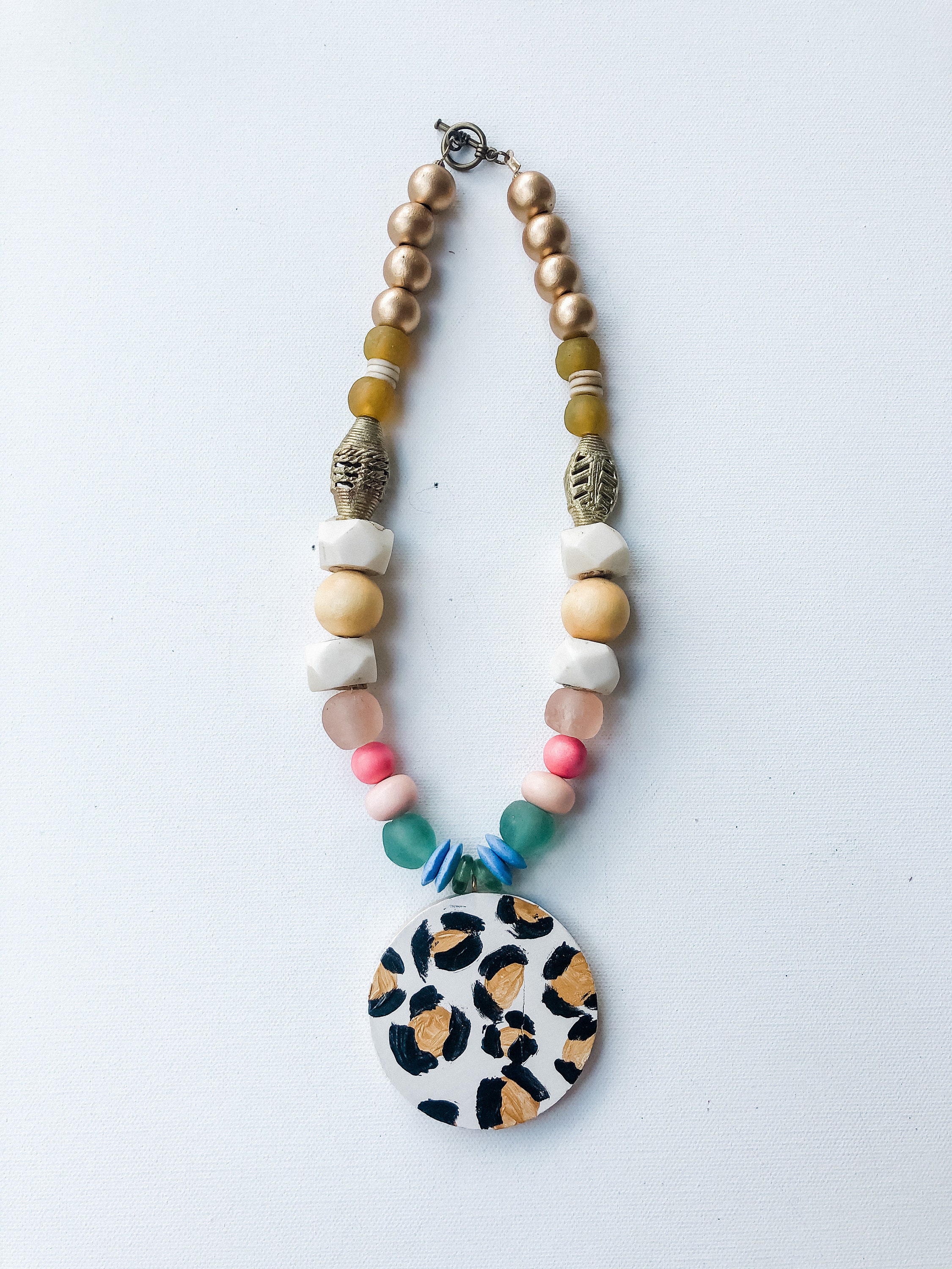 Hand painted Necklace art abstract Handmade wood Beaded Gold Etsy