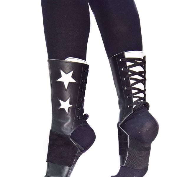 Isabella Mars Stardust Short Black leather Aerial Boots w/ 2 STARS & Back tongue in WHITE Trapeze circus gaiters Aerial hoop, rope, lyra