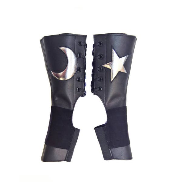 Isabella Mars Short Black Aerial Boots w/ SILVER Metallic MOON and STAR Leather & Suede Trapeze Lyra Rope Silks gaiters