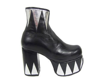 RINGMASTER Platform Glam Circus Boots - Isabella Mars - Black leather or Vegan leather & Silver metallic triangles - Handmade to order