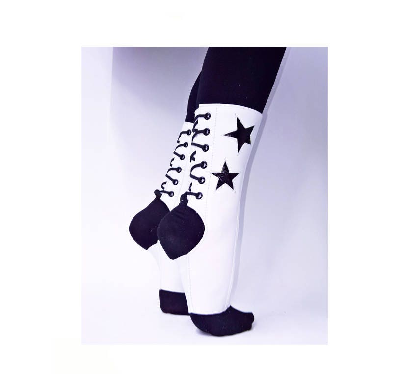 Isabella Mars Stardust Star Short WHITE Aerial Boots w/ 2 Black STARS Trapeze gaiters for Aerial hoop, rope, lyra, silks, aerial chains