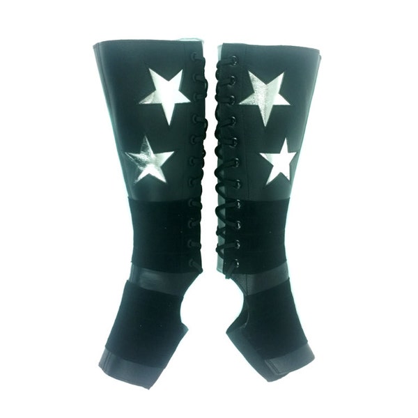 Black Aerial Boots w/ SILVER DOUBLE STARS Isabella Mars full length standard sizes in Leather & Suede Trapeze gaiters