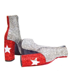 Harlequin STARDUST Star Platform Glitter Circus Boots - Isabella Mars - Röda & Silver Glitter Metallic Star VEGAN Skor - Handgjorda på beställning