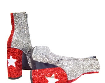 Harlequin STARDUST Star Platform Glitter Circus Boots - Isabella Mars - Red & Silver Glitter metallic Star VEGAN Shoes - Handmade to order