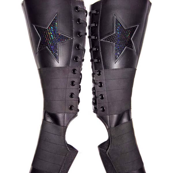 Isabella Mars Black Aerial Boots w/BLACK SHINY STARS full length in Leather & Suede Trapeze boots gaiters for Lyra, Aerial hoop, corde lisse