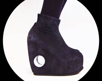 PEEPHOLE Platform 70s style Donut Shoes Ankle Boots  Isabella Mars - Black suede or VEGAN suede with PERSPEX hole in Wedge Handmade to order