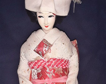 antique Japanese Geisha bride doll Stockinette Face silk kimono wedding statue