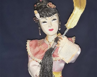 antique Japanese Geisha doll Stockinette Face silk kimono statue