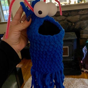 May include: A blue crocheted puppet with large white eyes and pink pipe cleaner antennae. The puppet has a long fringe of blue yarn.