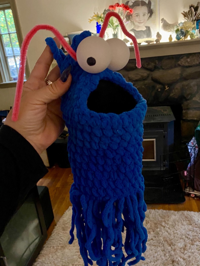 May include: A blue crocheted puppet with large white eyes and pink pipe cleaner antennae. The puppet has a long fringe of blue yarn.