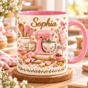 Personalized Bakery Mug, Custom Name Baker Coffee Cup, Pink Floral Bakery Shop Mug, Baking Lover Gift, Pastry Chef Gift, Kitchen Decor