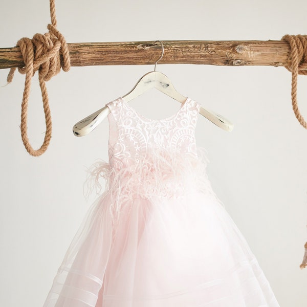 Flower Girl Dress, Birthday, Pink, Knee-Length,  Tulle, Satin,  Feather,(D008)