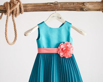 Flower Girl Dress, Knee-Length, Green, Turquoise, Coral,  Summer Dress, Girl Ball Gown Dress, Princess (D001)