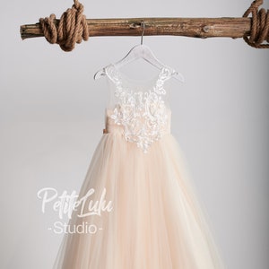 Flower Girl Dress, Champagne,  Off-White, Floor Length, Girl Ball Gown Dress, Princess (D011)