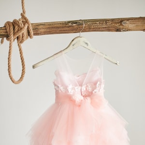 Flower Girl Dress, Wedding, Pink, Blush, Knee-Length, Tulle, Crystal Beaded Flowers  (D006)